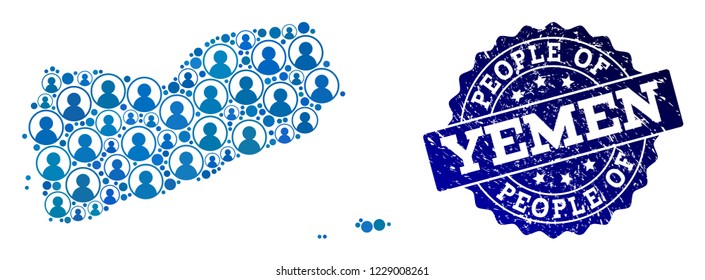 People collage of blue population map of Yemen and rubber seal. Vector seal with corroded rubber texture. Mosaic map of Yemen constructed with rounded users. Flat design for national posters.