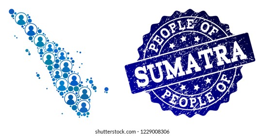 People collage of blue population map of Sumatra Island and corroded stamp. Vector seal with corroded rubber texture. Mosaic map of Sumatra Island designed with rounded users.
