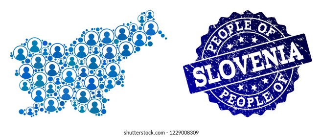 People collage of blue population map of Slovenia and textured seal stamp. Vector seal with unclean rubber texture. Mosaic map of Slovenia designed with rounded users.