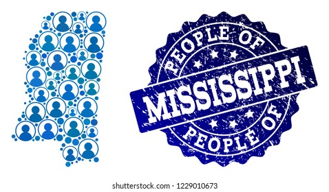 People collage of blue population map of Mississippi State and corroded seal. Vector watermark with corroded rubber texture. Mosaic map of Mississippi State designed with rounded users.