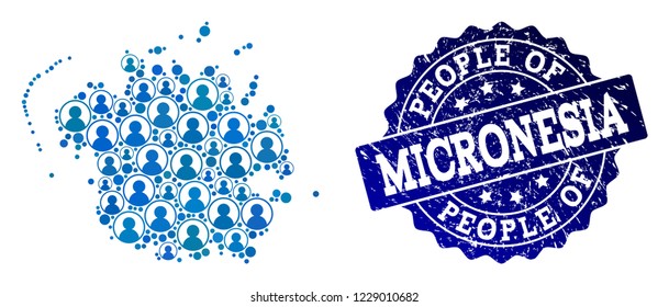 People collage of blue population map of Micronesia island and grunge seal stamp. Vector seal with corroded rubber texture. Mosaic map of Micronesia island constructed with rounded users.