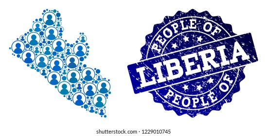 People collage of blue population map of Liberia and corroded seal stamp. Vector imprint with corroded rubber texture. Mosaic map of Liberia designed with rounded users.