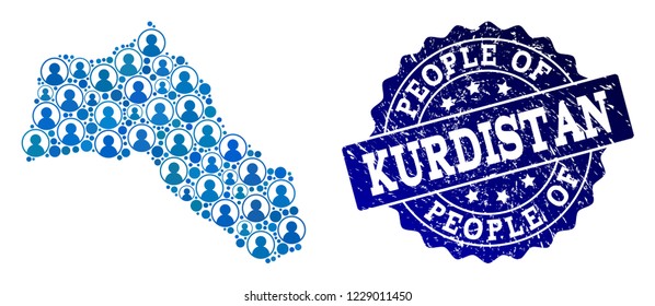 People collage of blue population map of Kurdistan and grunge stamp. Vector imprint with grunge rubber texture. Mosaic map of Kurdistan constructed with rounded users.