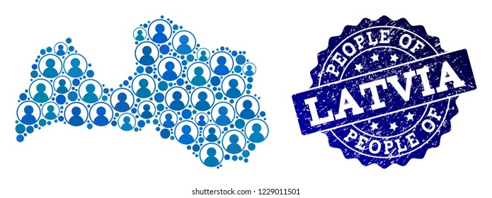 People collage of blue population map of Latvia and grunge seal stamp. Vector seal with grunge rubber texture. Mosaic map of Latvia designed with rounded users. Flat design for demographics posters.