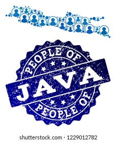 People collage of blue population map of Java Island and unclean stamp. Vector seal with grunge rubber texture. Mosaic map of Java Island designed with rounded users.