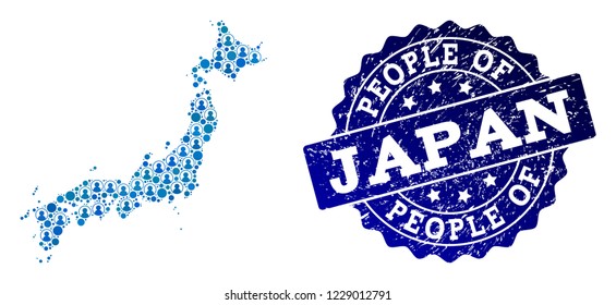 People collage of blue population map of Japan and scratched seal. Vector seal with distress rubber texture. Mosaic map of Japan constructed with rounded users. Flat design for national illustrations.