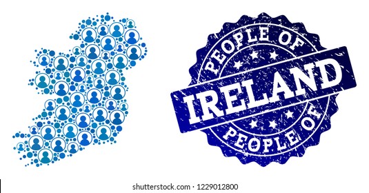 People collage of blue population map of Ireland Island and corroded seal stamp. Vector seal with corroded rubber texture. Mosaic map of Ireland Island constructed with rounded users.