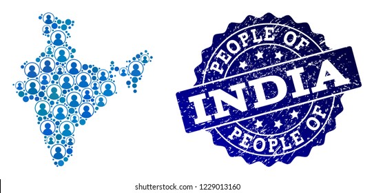 People collage of blue population map of India and scratched seal. Vector imprint with scratched rubber texture. Mosaic map of India constructed with rounded users. Flat design for political purposes.