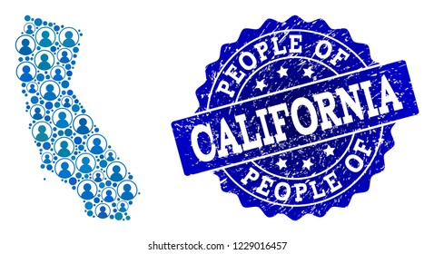 People collage of blue population map of California and scratched stamp. Vector seal with scratched rubber texture. Mosaic map of California designed with rounded users.