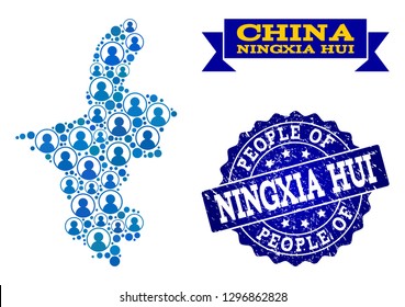 People collage of blue population map of Ningxia Hui Region and unclean seal stamp. Vector seal with distress rubber texture. Mosaic map of Ningxia Hui Region designed with rounded users.