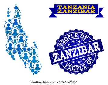 People collage of blue population map of Zanzibar Island and rubber seal. Vector imprint with corroded rubber texture. Mosaic map of Zanzibar Island designed with rounded users.