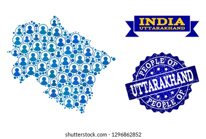 People collage of blue population map of Uttarakhand State and corroded seal. Vector watermark with corroded rubber texture. Mosaic map of Uttarakhand State designed with rounded users.