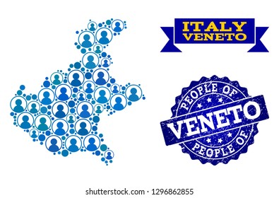 People collage of blue population map of Veneto region and textured seal stamp. Vector seal with distress rubber texture. Mosaic map of Veneto region constructed with rounded users.