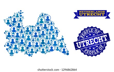 People collage of blue population map of Utrecht Province and rubber seal. Vector seal with unclean rubber texture. Mosaic map of Utrecht Province constructed with rounded users.