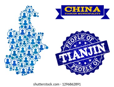People collage of blue population map of Tianjin Municipality and rubber seal stamp. Vector seal with corroded rubber texture. Mosaic map of Tianjin Municipality designed with rounded users.