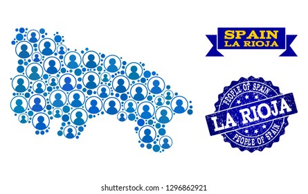 People collage of blue population map of Spain - La Rioja and rubber seal stamp. Vector seal with unclean rubber texture. Mosaic map of Spain - La Rioja designed with rounded users.