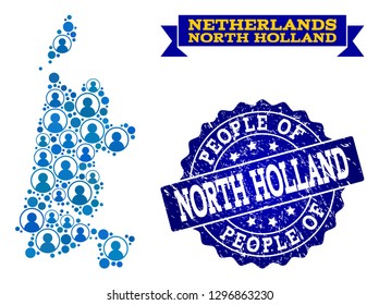 People collage of blue population map of North Holland and rubber stamp. Vector watermark with scratched rubber texture. Mosaic map of North Holland designed with rounded users.