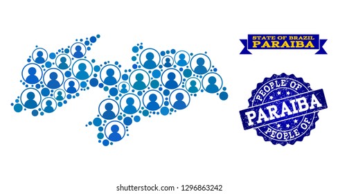 People collage of blue population map of Paraiba State and unclean seal stamp. Vector seal with corroded rubber texture. Mosaic map of Paraiba State designed with rounded users.