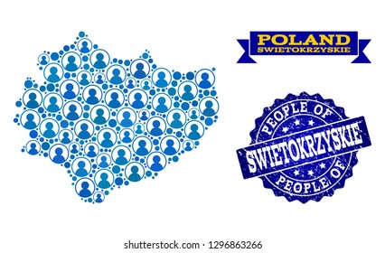 People collage of blue population map of Swietokrzyskie Province and corroded seal stamp. Vector seal with corroded rubber texture. Mosaic map of Swietokrzyskie Province designed with rounded users.