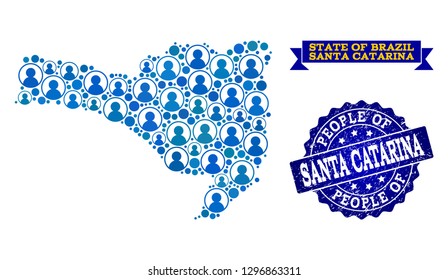 People collage of blue population map of Santa Catarina State and rubber seal. Vector seal with corroded rubber texture. Mosaic map of Santa Catarina State constructed with rounded users.