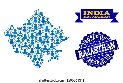 People collage of blue population map of Rajasthan State and grunge seal stamp. Vector seal with grunge rubber texture. Mosaic map of Rajasthan State designed with rounded users.