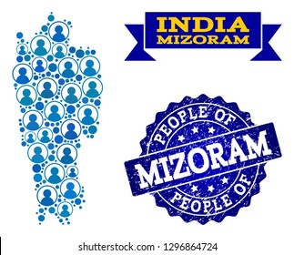 People collage of blue population map of Mizoram State and rubber seal. Vector seal with scratched rubber texture. Mosaic map of Mizoram State constructed with rounded users.