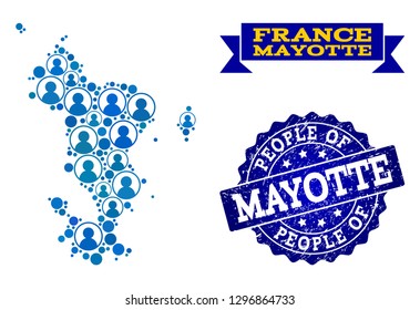 People collage of blue population map of Mayotte Islands and rubber seal stamp. Vector seal with unclean rubber texture. Mosaic map of Mayotte Islands constructed with rounded users.