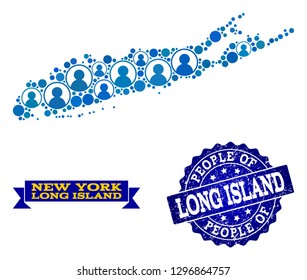 People collage of blue population map of Long Island and rubber stamp. Vector seal with distress rubber texture. Mosaic map of Long Island constructed with rounded users.