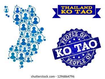 People collage of blue population map of Ko Tao and rubber seal. Vector seal with scratched rubber texture. Mosaic map of Ko Tao constructed with rounded users.