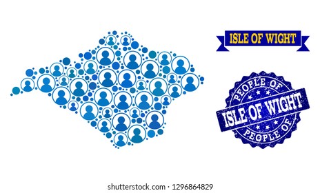People collage of blue population map of Isle of Wight and scratched seal. Vector watermark with scratched rubber texture. Mosaic map of Isle of Wight constructed with rounded users.