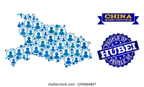 People collage of blue population map of Hubei Province and rubber seal stamp. Vector seal with corroded rubber texture. Mosaic map of Hubei Province constructed with rounded users.