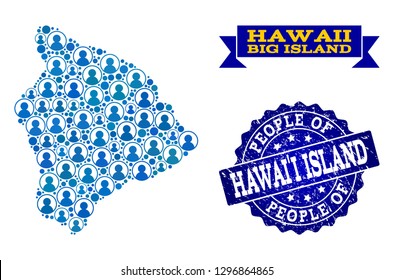People collage of blue population map of Hawaii Big Island and rubber seal stamp. Vector seal with unclean rubber texture. Mosaic map of Hawaii Big Island designed with rounded users.