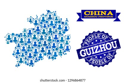 People collage of blue population map of Guizhou Province and unclean seal stamp. Vector seal with distress rubber texture. Mosaic map of Guizhou Province constructed with rounded users.