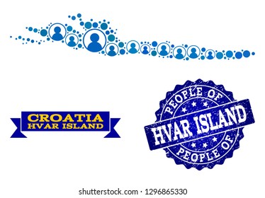 People collage of blue population map of Hvar Island and rubber seal stamp. Vector seal with unclean rubber texture. Mosaic map of Hvar Island constructed with rounded users.