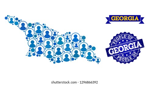 People collage of blue population map of Georgia and scratched seal stamp. Vector seal with unclean rubber texture. Mosaic map of Georgia constructed with rounded users.