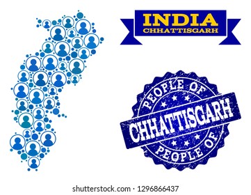 People collage of blue population map of Chhattisgarh State and corroded seal stamp. Vector seal with unclean rubber texture. Mosaic map of Chhattisgarh State designed with rounded users.