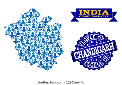 People collage of blue population map of Chandigarh City and grunge seal stamp. Vector imprint with grunge rubber texture. Mosaic map of Chandigarh City designed with rounded users.