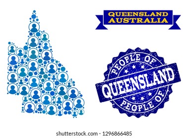 People collage of blue population map of Australian Queensland and unclean seal stamp. Vector seal with unclean rubber texture. Mosaic map of Australian Queensland designed with rounded users.