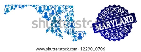 People collage of blue population map of Maryland State and rubber seal stamp. Vector seal with grunge rubber texture. Mosaic map of Maryland State constructed with rounded users.