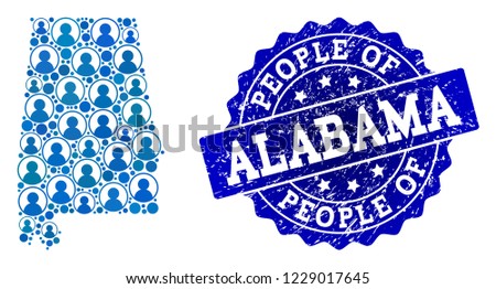 People collage of blue population map of Alabama State and scratched seal. Vector seal with scratched rubber texture. Mosaic map of Alabama State constructed with rounded users.