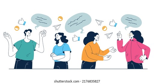 People colleague man woman characters talking discussion and having dialog concept. Vector flat graphic design element illustration