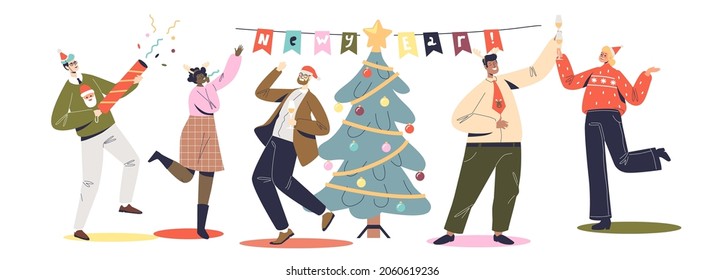 People colleagues celebrate new year on corporate party. Dancing men and women coworkers on christmas celebration. Winter holidays event. Cartoon flat vector illustration
