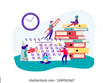 Las personas, los colegas están comprometidos en la planificación, adjuntar recordatorios al calendario, y tomar notas. El concepto de planificación institucional. Ilustración plana vectorial.