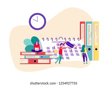 People, colleagues are engaged in planning, attach reminders to the calendar, making notes. The concept of organizational planning. Vector flat illustration.