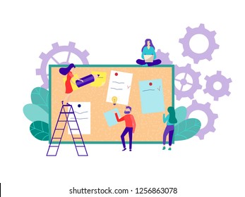 People, colleagues are engaged in planning, attach reminders to the Board, making notes. The concept of organizational planning. Vector flat illustration.