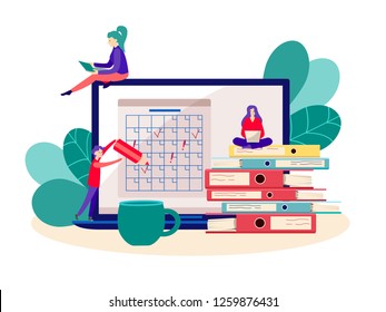 People, colleagues are engaged in planning, making notes.Mobile calendar flat isometric vector concept. Business  tasks scheduling on a month. Scene with calendar in smartphone, stack of documents