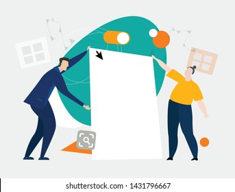 People, colleagues holding a bid banner with space for your text. Business background with icons and symbols