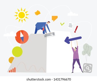 People, colleagues holding a bid banner with space for your text. Business background with icons and symbols