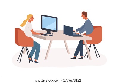 Personas, colegas o compañeros de trabajo en computadoras y portátiles en la moderna oficina de coworking. Las mujeres y los hombres comparten el lugar de trabajo en el escritorio. Espacio abierto en ilustración de dibujos animados de vector plano aislados en fondo blanco
