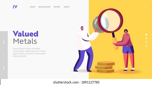 People Collect Ancient Coins, Numismatist Hobby, Numismatics Landing Page Template. Tiny Numismatist Collector Characters Examine Old Coins with Huge Magnifying Glass. Cartoon Vector Illustration